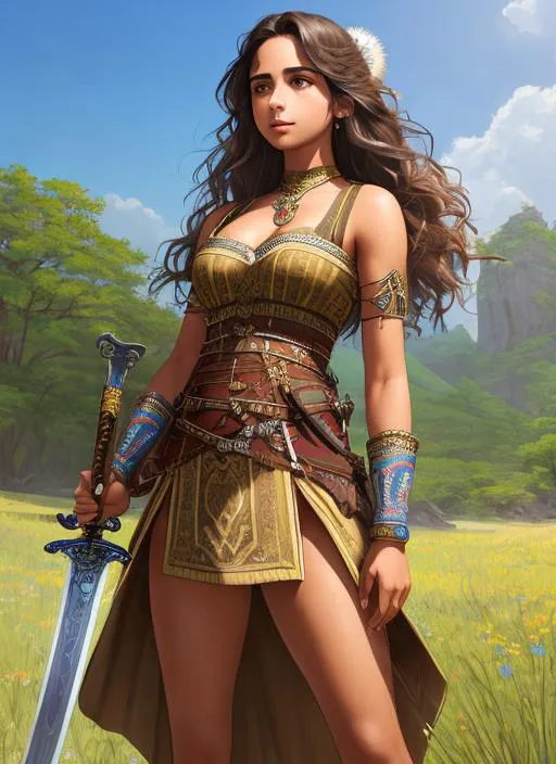 Prompt: illustration photographic front view, looking from below,
 
masterpiece intricate hyperdetailed best quality flat color pastel mix pencil sketch Naomi Scott holding a sheathed sword, melancholy beautiful woman cheerful hopeful and anxious, standing on grass valley, brown fluffy hair, hyperdetailed, wearing skin tight tribal war dress, cleavage, detailed face, brown eyes, tan skin, by Ilya Kuvshinov and Yoji Shinkawa 


scenic view landscape 2D flat color gigantic abyss hole vector background, action shot, extreme long shot wide view, full frame wide angle,

sunshine, blue sky, cinematic lighting,

precise hard pencil strokes, thick and hard pencil outline,

hyperdetailed 2D vector concept art picture, vector, illustration, character concept,

2D fantasy concept art style, inspired by final fantasy art, adventure, inspiring, colorful, heroic fantasy art,