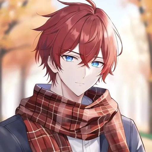 Prompt: Zerif 1male (Red side-swept hair covering his right eye, blue eyes), highly detailed face, wearing a cozy flannel shirt and a pair of stylish jeans. In the park, fall.  wearing a scarf, looking up at the sky, in a pumpkin patch, adult. Handsome,  detailed, UHD, HD, 4K, highly detailed, red haze, masculine, anime style