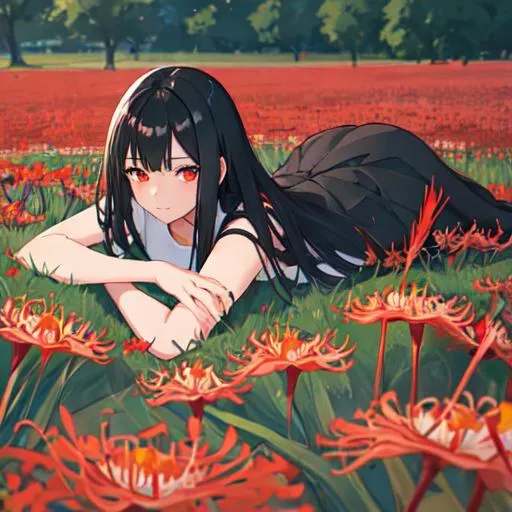 Prompt: A girl with black hair lying in a field of red spider lillies