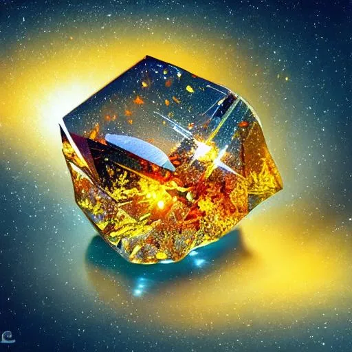 Prompt: broken amber coloured crystal with a glowing inside floating in dark space, radiant glow, ambient light, dark rock background, oil paint style