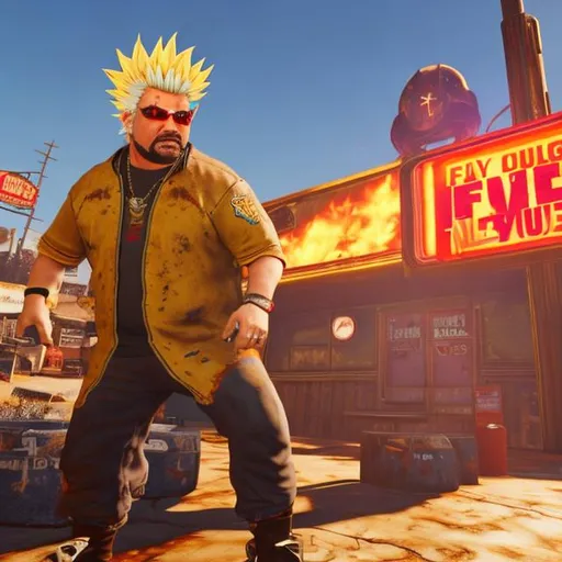 Prompt: guy fieri first in line to get his copy of fallout 76