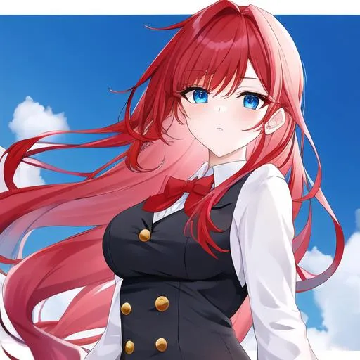 Prompt: Haley 1female (long red hair pulled back, lively blue eyes. Wearing a male butler uniform. UHD,