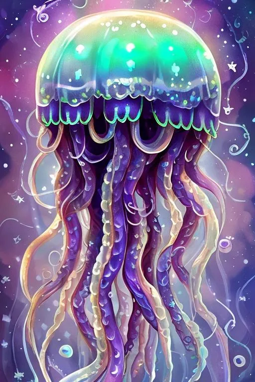 Prompt: beautiful chibi jellyfish with purple snake hair, strong, brave, snakes, protective, flowers, aesthetic, disney, pixar, moon, stars, witchcraft, in a starry cloudy sky, in ruins, award winning illustration, artstation, highres, big emerald eyes, tarot card style, painting, magic