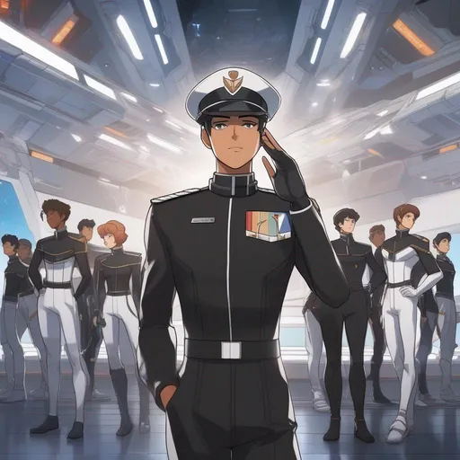 Prompt: A whole figure. Full body. From Medium distance. Detailed. Well draw face. scifi sailor. Black uniform. White details. He stands saluting. Voltron legendary defender art. Studio Mir art. Anime art. 2d art. 2d. In background a scifi station deck. 