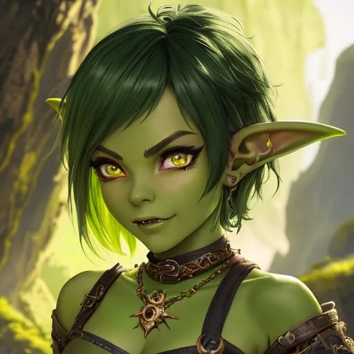 Prompt: oil painting, D&D fantasy, green-skinned-goblin girl, green-skinned-female, small, short brown hair, crazy look, pointed ears, fangs, looking at the viewer, thief wearing intricate adventurer outfit, #3238, UHD, hd , 8k eyes, detailed face, big anime dreamy eyes, 8k eyes, intricate details, insanely detailed, masterpiece, cinematic lighting, 8k, complementary colors, golden ratio, octane render, volumetric lighting, unreal 5, artwork, concept art, cover, top model, light on hair colorful glamourous hyperdetailed medieval city background, intricate hyperdetailed breathtaking colorful glamorous scenic view landscape, ultra-fine details, hyper-focused, deep colors, dramatic lighting, ambient lighting god rays, flowers, garden | by sakimi chan, artgerm, wlop, pixiv, tumblr, instagram, deviantart