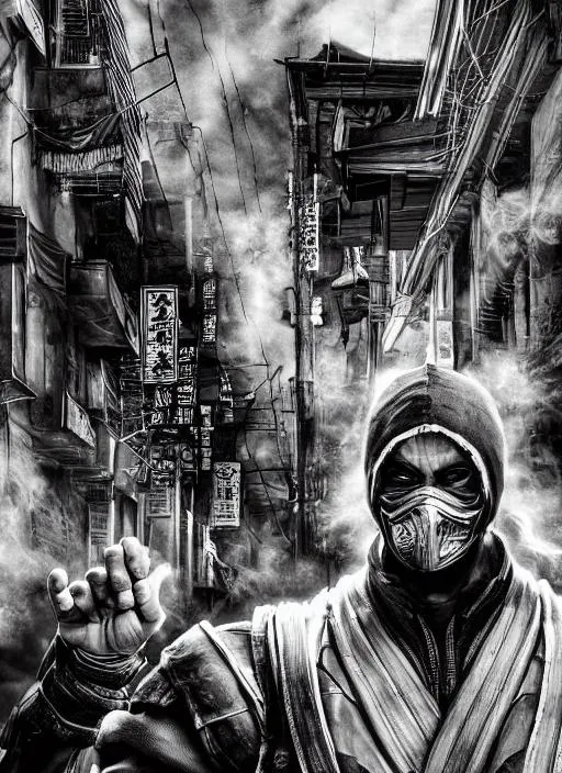 Prompt: Portrait of https://static.zerochan.net/Smoke.%28Mortal.Kombat%29.full.3719845.jpg in Manila street background, perfect composition, hyperrealistic, super detailed, 8k, high quality, trending art, trending on artstation, sharp focus, studio photo, intricate details, highly detailed Sumi-e ink art