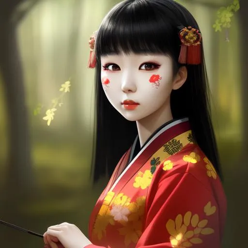 Korean girl, face, black hair, painted face, traditi... | OpenArt