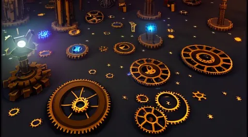 Prompt: voxel art, steampunk, dark colors, sparkling night, stars, giant gears floor, gears, mechanical world, uniform scaling
