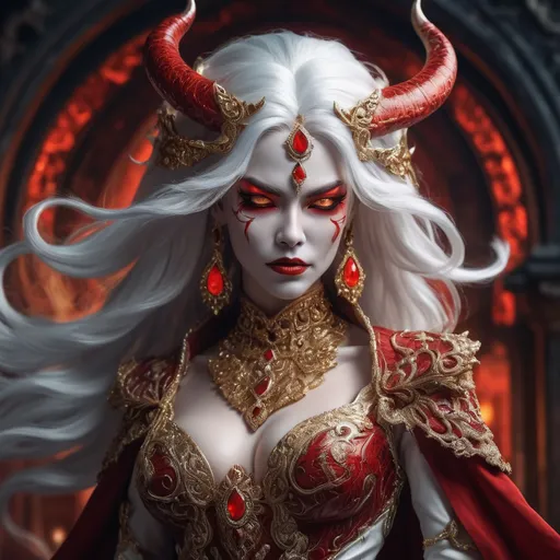 Prompt: Female demon, striking red skin, flowing white hair, adorned in lavish, intricate royal attire, exuding an air of power and elegance, adorned with ornate jewelry and accessories, set against a dramatic, shadowy background, evoking a sense of mystique and allure, high detail, vibrant colors, fantasy realm ambiance.