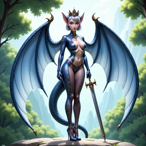 Prompt: Full-body pose of a human hybrid, showcasing subtle Chinese dragon features, wearing a sleek elegant blue and silver outfit with high heels, a crown sits on her head, adorned in tattoos over her entire body, with striking grand dragon wings unfurled, tail, legs and prominent ears distinctly visible. She is holding a long slender glimmering sword in her hand. The atmosphere is imaginative, highlighting a unique blend of human and animal traits, set against a softly blurred, natural background. The scene is ultra-detailed, emphasizing the originality and elegance of this unique character design.