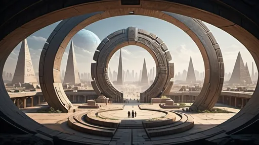 Prompt: small circular portal, small gateway between cities realms worlds kingdoms, small ring standing on edge, freestanding ring, hieroglyphs on ring, complete ring, obelisks, pyramids, futuristic towers, large wide-open city plaza, wide vista view, futuristic cyberpunk dystopian setting