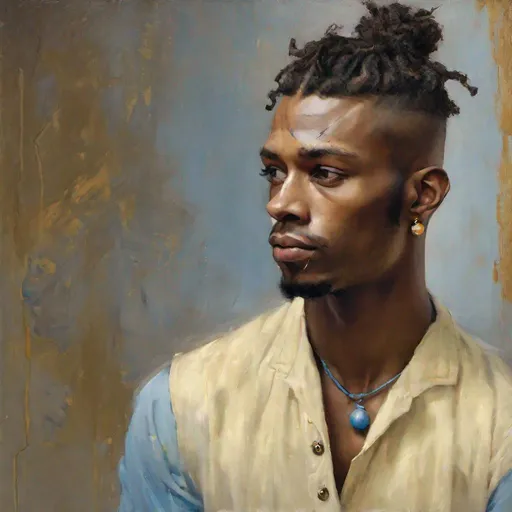 Prompt: Anderson, Male, coffee colored skin with a scar across nose, brown fuzzy manbun, wearing short off shoulder pale yellow top and blue slacks with white buttons, gold multi thread necklace with white orbs best quality, masterpiece, in winter oil painting style