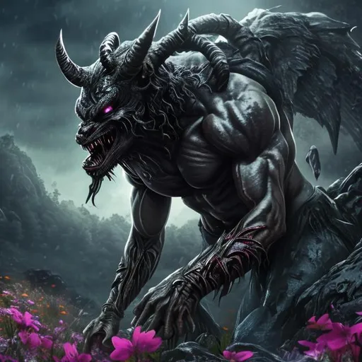 Prompt: Demon,black eyes, UHD, 8k, side view, muscular body, very real, Very detailed, panned out, 32k, his face is visible, waterfall in flower meadow background