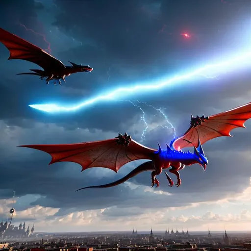 Prompt: Wyvern floating in the air, the character has deep blue scales , red eyes, full body, good quality, realistic, medieval city in  the background, lightning striking medieval city in the background, good quality, ultra realistic, 8k quality