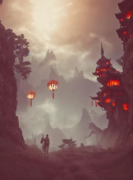 Prompt: misty fantasy town, athmospheric, plants, high towers, asian vibes, rocky, futuristic, dramatic lighting, man with white dragon looking blue backlit, dragon's mane glowing white, red chinese lanterns asian architecture. dragon and man walking away from camera. asian architecture and gnarly old bonsay looking trees. dragon has the body of a snake, four legs, two wings and a long neck. dragon's mane glowing white, man's hair with cowlick. man in long black coat. dragon is man's mount / steed, lots of red chinese lanterns and asian architecture