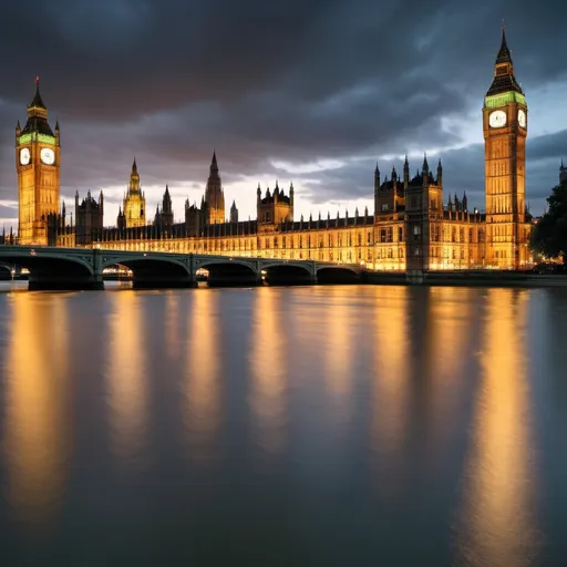 Prompt: Houses of Parliament and Big Ben by the River Thames, 4k, HDR, detailed architecture, realistic, scenic, iconic landmarks, London, dramatic lighting, majestic reflections, evening atmosphere, historical, gothic revival, urban photography