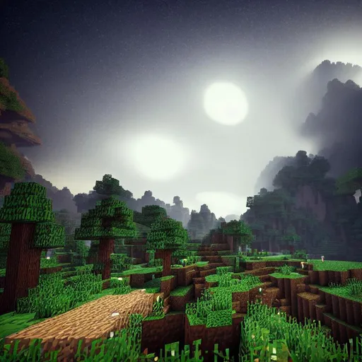 Prompt: minecraft style, extreme terrain, vegetation, dark colors, sparkling night, stars, stormy weather, high quality, realistic, unreal engine, octane render