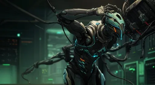 Prompt: a warframe forcibly hooked up to a  server mainframe, the arms are shattered and cables run throu them, the body is hung down the sceiling, with the walls made out of servers