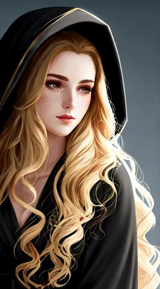 Prompt: dnd, portrait, long curly hair, female, Illustration, black hood and robes, scars, freckles, princess