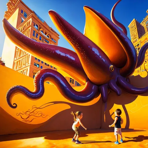 Prompt: Graffiti art of a giant octopus, with a child reaching out to touch its tentacle, imaginative, interactive composition, fantastical atmosphere, golden hour lighting, warm colors contrasting with the cool tones of the mural, urban adventure, digital painting, highly detailed, illustration, art by street artist JKL.
