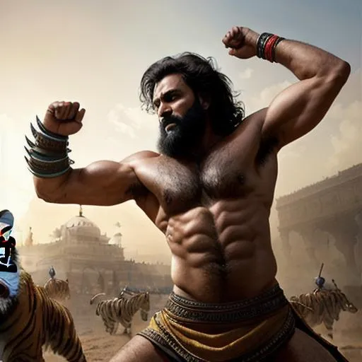 Prompt: scene of delhi warrior with black hair and with rugged handsome face, fighting a tiger, very hairy chest and armpits, arena, perfect composition, hyperrealistic, super detailed, 8k, high quality, trending art, trending on artstation, sharp focus, studio photo, intricate details, highly detailed, by greg rutkowski