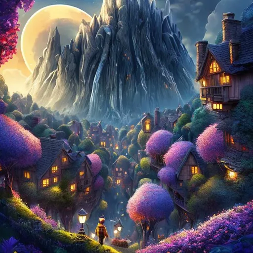 Prompt: put the antagonist from the hit game, "Hello Neighbor" into a ((highly detailed sharp focus 4k UHD wallpaper)) 9:16 breathtaking awe inspiring giant forest at twilight hour, majestic oak trees, Sakura trees, hobbit houses on the cliffside, magical, iridescent, fairycore, mountains in the distance, dramatic foreground framing, art by Stephan Martinière and Liam Wong, Caspar David Friedrich, Jessica Rossier, and Ferdinand Knab.