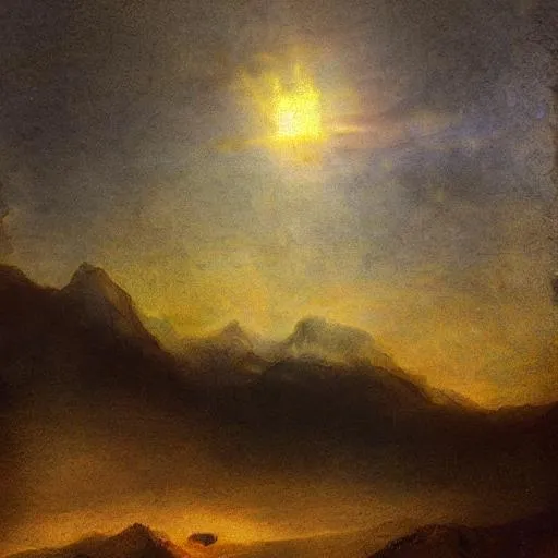 Prompt: Stars hellscape mountains with an eclipse in rembrandt style