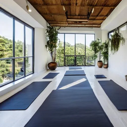 Prompt: a very large minimalistic white yoga studio with tall windows from ceiling to floor with plants with all natural lighting mid afternoon overlooking the Himalayan mountains