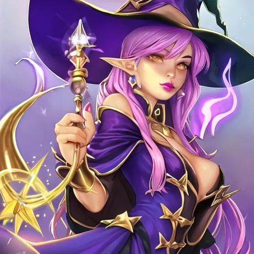 Prompt: Butiful witch with a magic wand and gold lips