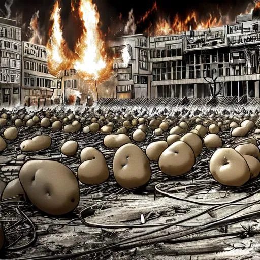 Prompt: (((potato people))) (((committing arson))), war, chaotic, surreal, fascism, war crimes