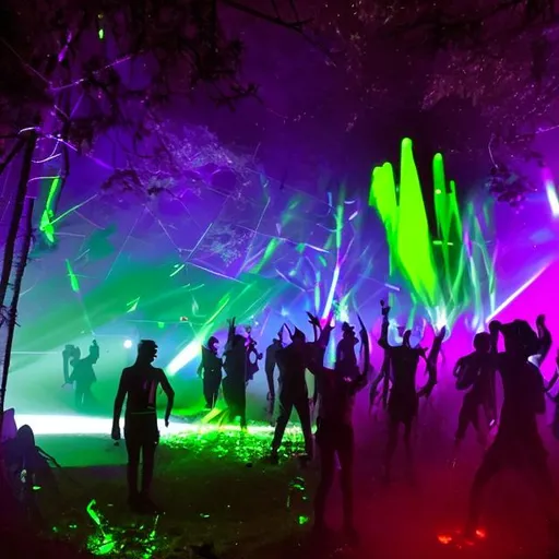 Prompt: create a scene of a techno rave in the woods at night with a son and lazers effects