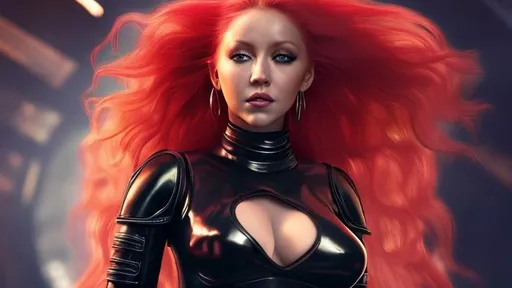 Prompt: Christina Aguilera as Mara jade, 23 years old, black crop top, black leather pants, details on her long red hair, full body shot, ultra realistic, photoshoot quality, UHD, HD, 100K, stunning visuals, atmospheric 
