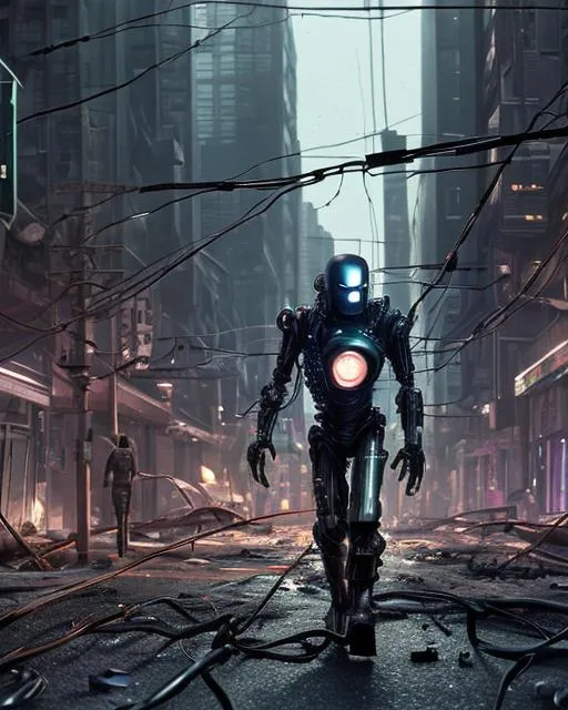 Prompt: A sinister android with glowing eyes and exposed wires stalks down a debris-strewn street. It's metal joints whir and clank with each step. ultra detailed, highly detailed scenario, photorealistic, intricate, masterpiece, UHD, HDR, symmetric, coherent, epic detail, stunning, beautiful, ,lumen render ,lumen path tracing ,path tracing light ,path tracing shadow ,path tracing special fx, 