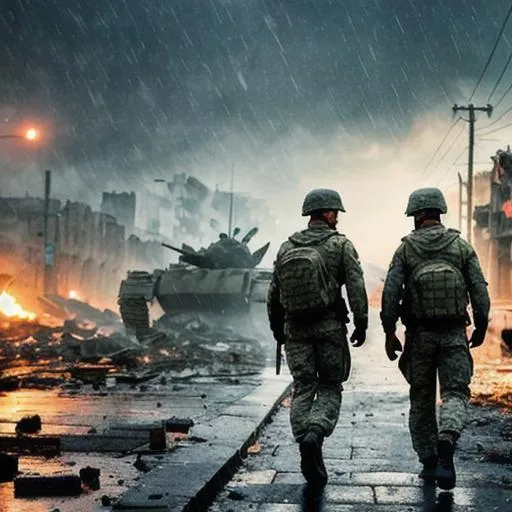 Prompt: soldiers walking through a destroyed city,rain,explosions,tanks