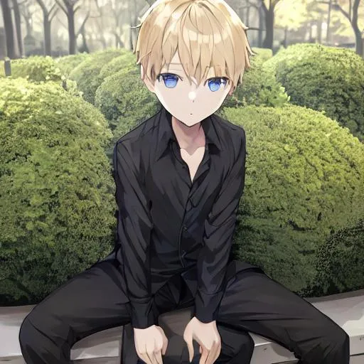 Prompt: a child boy with blonde hair and blue eyes in a black dress shirt sitting in central park new york.