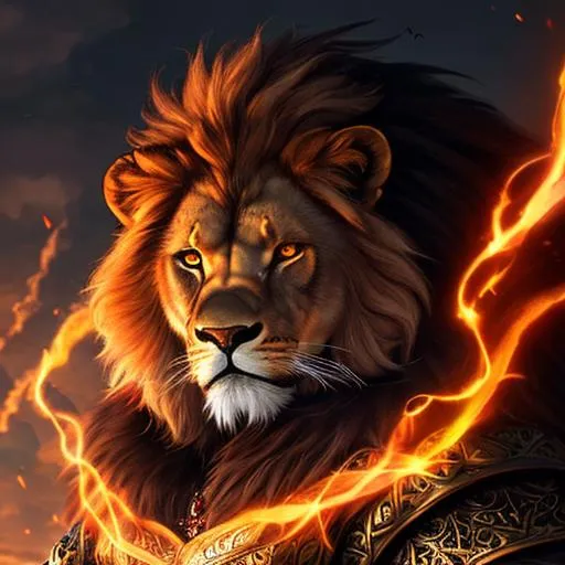 Prompt: an anthropomorphic Lion, mythological creature, large head, red glowing eyes, chest armor, muscled, highly detailed face and fur, dark skin, chiaroscuro, volumetric lighting, d&d character, oil on canvas, intricate detail