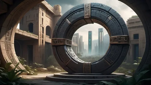 Prompt: magical portal between cities realms worlds kingdoms, circular portal, ring standing on edge, upright ring, freestanding ring, hieroglyphs on ring, complete ring, ancient babylonian architecture, gardens, ruins, turned sideways view, futuristic cyberpunk tech-noir setting