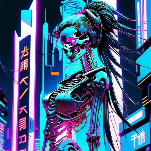 Prompt: Full body view anime illustration of a cyberpunk goddess lady of the dead in skeleton form, detailed skeletal features, sleek and futuristic design, glowing neon cyberpunk cityscape in the background, intense and mystical aura, high quality, ultra detailed, anime, cyberpunk, skeletal features, futuristic design, glowing neon, intense aura, full body view, professional, atmospheric lighting