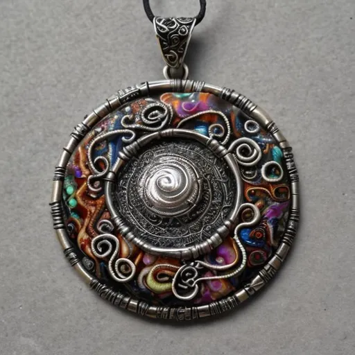Prompt: a pendant with an intricate design swirling around the outside with a multicolored stone in the center. It hangs from a slender silver chain and is placed on a dusty shelf