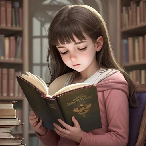 Prompt: a girl reading a magical book