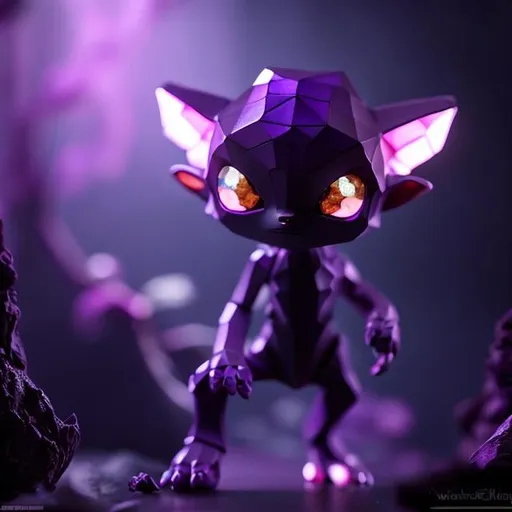 Prompt: Small purple humanoid figure, long pointy ears, large hexagon shaped gems for eyes, a large mouth with small pointy teeth, three fingers on each hand and three toes on each foot, short limbs, crouched stance, purples and blues, dim lighting, cave, spooky, goblin like, dark, smooth skin, crystals, genderless, smokey, in a pokemon anime style 