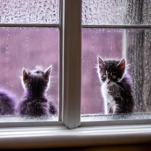 Prompt: purple kittens looking out the window at the rain