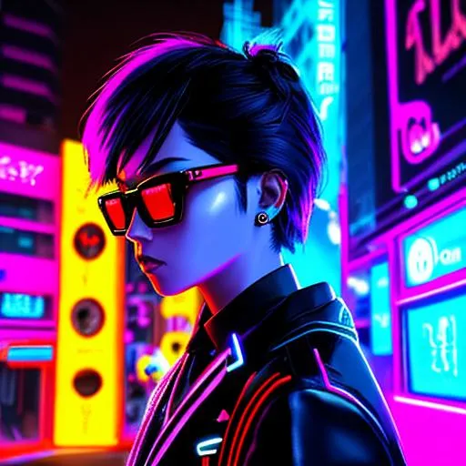 Prompt: A striking calavera asian in a city street with neon lights, painted in a futuristic style with digital glitches, edgy, modern, cyberpunk, and glitchy, with intricate details in 8k resolution, 3D glasses