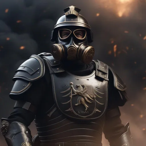 Prompt: A modern roman military male in black military roman armor and shield scutum, and gas mask, background sci fi war, Hyperrealistic, sharp focus, Professional, UHD, HDR, 8K, Render, electronic, dramatic, vivid, pressure, stress, nervous vibe, loud, tension, traumatic, dark, cataclysmic, violent, fighting, Epic