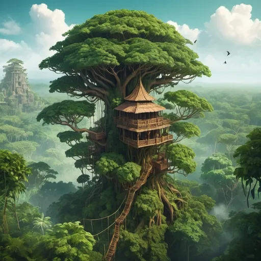 Prompt: Fantasy Illustration of a huge jungle tree with a treehouse temple on the treetop, bird view, immersive world-building, high quality, detailed, epic scale, fantasy, tropical forest background 