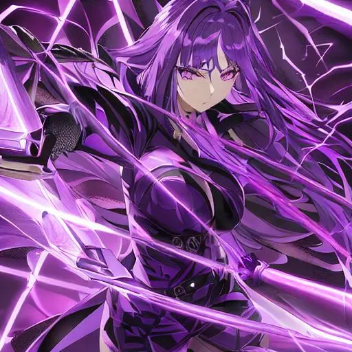 Prompt: Beautiful female, detailed eyes, has a sword emanating lightning, a young anime woman with long purple luxurious hair with a wolfcut haircut, purple eyes, disoriented due to memory loss, wearing a neon purple t-shirt inside of a black coat with chains, not too revealing, wears black leather gloves, an amethyst hairclip in her hair, fantasy, clear sparkling orange glowing eyes, orange eyes, intricately detailed face, intricate, highly-detailed, ultrarealistic face, large landscape, mechanics, dramatic lighting, gorgeous face, lifelike, stunning, digital painting, large, artstation, illustration, concept art, smooth, sharp focus, highly detailed painting, looking and smiling at viewer, full body, photography, detailed skin, realistic, photo-realistic, 8k, highly detailed, full length frame, High detail
