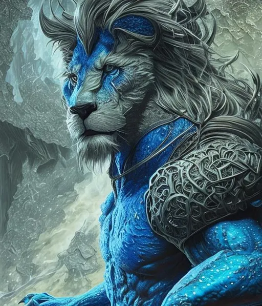 Prompt: Blue lion with muscular presence. . Space. Etherial. Incredible, scroll. Astral. Style of Dawid Michalczyk + Kawase Hasui + Syd Mead + Enki Bilal. volumetric light, crepuscular light, beautiful. Ultra detailed. iridescent, opalescent, filigree. magical, luminous. contour shading, intricate design, realism. Ultra detailed. poster.