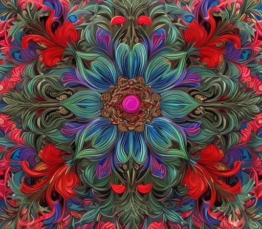 Prompt: Symmetric floral ornament, acrylic painting, vibrant colors, high contrast, pop art, detailed petals, intricate patterns, professional quality, bold and dynamic, symmetrical design, artistic, acrylic medium, vibrant color palette, high contrast, decorative art, contemporary art, floral motif, detailed brush strokes, decorative design, artistic composition, eye-catching, acrylic painting, professional, vibrant and bold, dynamic symmetry, decorative ornament