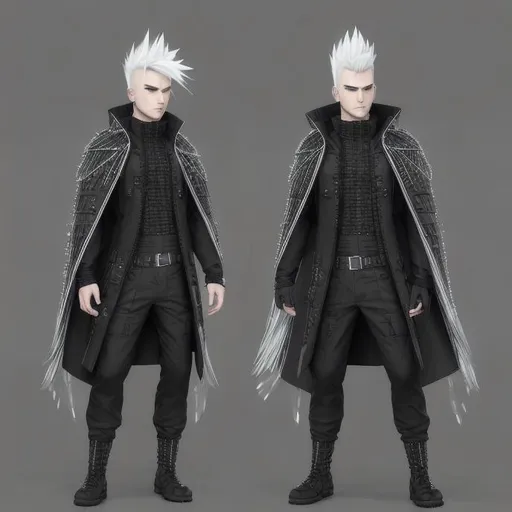 Prompt: JAXER KAZE : Hyper Detailed,  ultra realistic, white hair mohawk male in black tactical tech uniform poncho coat,  IN UNDERGROUND DAZZLING CRYSTAL CITY , 