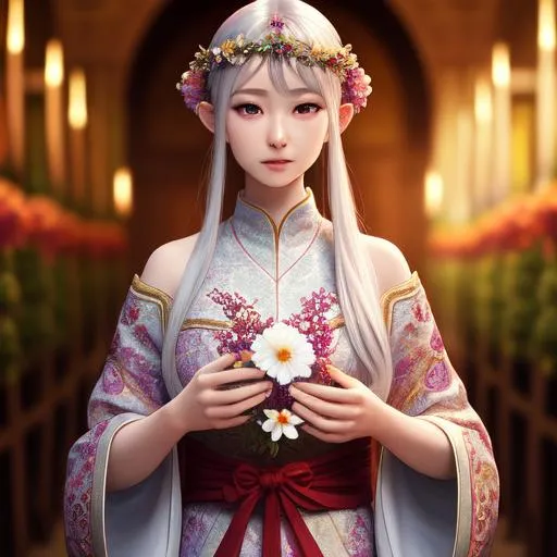 Prompt: Realistic, insanely beautiful flower spirit, thin_short_small_ears, Highly Detailed body, smooth, wine_long_sleeved_Furisode, entire body shown, random silver hair, circlet, full body, cinematic, 64K, UHD,